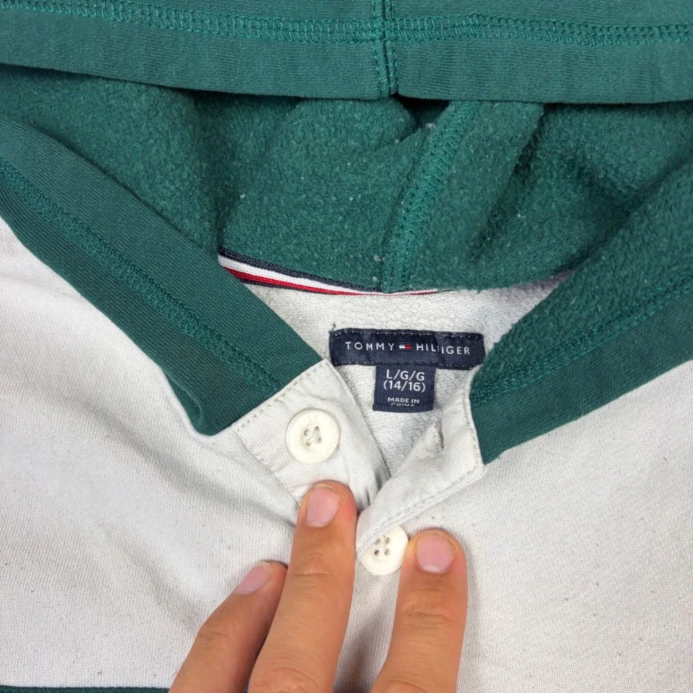 Tommy Hilfiger Boys L 14/16 Hoodie Colorblock Henley Sweatshirt White Green Navy